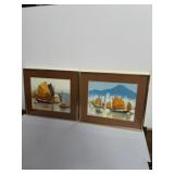 2 mid-century paintings of Chinese junk boats