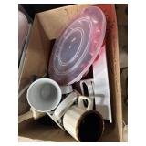 Mix of kitchen items, cookware, rolling pin,