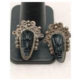 Silver carved black onyx warrior mask screw back