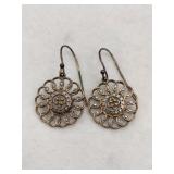 Gold tone silver flower  dangle  earring marked