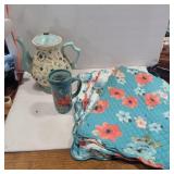 Pioneer woman teapot, coffee cup, and 4 placemat