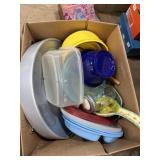 Plastic Tupperware, mason jars, kitchen ware