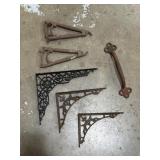 Cast iron and metal shelf brackets, door handle
