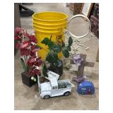 5 gallon bucket w/ iron & faux plants & other
