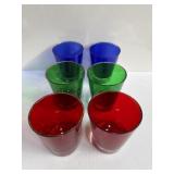 Set of 6 red, green and blue drinking tumblers