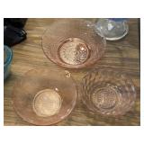 3 vintage pink pressed glass bowls