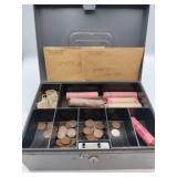 Metal change box with rolled wheat pennies and