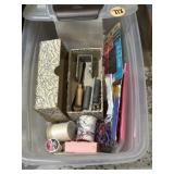 Mix of sewing supplies, buttons, needles, thread,