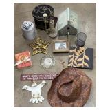 Rooster sign, straw cowboy hat birdhouse, other