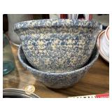 2 Roseville blue spongeware mixing bowls,