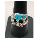 Silver horse shaped  turquoise inlay ring marked