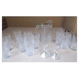 Crystal Pitcher, Candle Sticks & Water Glasses