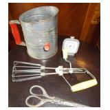 Vtg Flour Sifter, Thermometer, Beater, Scissor