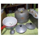 Vtg Metal Champion Water Jug, Enamel Pot, Funnel+
