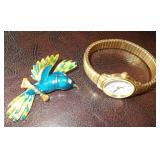 Vtg Enameled Bird Pin & Timex Womans Watch