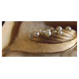 Vtg Trifari Gold/ Pearl Feather Brooch