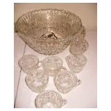 Cut Glass Punch Bowl & 8 Cups/Hooks