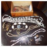 Vtg Wood Box & Distressed Costume Jewelry