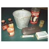 Vtg Galvanized Bucket, Medicine Bottles & Tins+