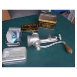 Vtg Cast Iron Meat Grinder & Tins