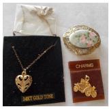 Vtg Gold Heart Necklace, Brooch & Model T Charm