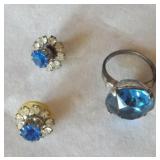 Vtg Sterling & Blue Cut Glass Ring & Earrings