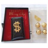 Vtg $ Magnetic Money Clip & 4 Golden Button covers