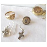Vtg Gold S Ring, Cross Earrings, Buttons
