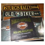 Metal Biker Signs, & 3 Harley Books