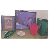 2 Framed Winter Puzzles, Clock, Waste Bin & Hamper