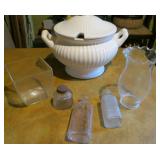 Ceramic Soup Tureen & Vtg Bottles
