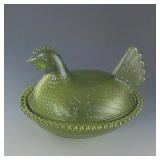 Vtg Olive Green Hen On A Basket