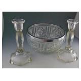 Silver Rim Cut Glass Bowl & Candle Sticks