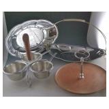 2 Embossed Metal trays & Chrome/ Wood Tidbit