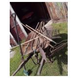 Rustic Wheel Barrow, Scraper, Rakes, Shovel+