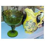 Green Pedestal Bowl & Napcoware Pitcher