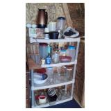 4 Shelves of Jars, Containers, Coffee Pot, Knives+