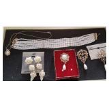 Pearl Choker, Earrings, Necklace, Brooches