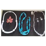 Vtg Bead Necklaces, Earrings, Stick & Enamel Pin