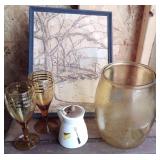 Large Retro Amber Mushroom Vase & Stem Ware, Art+