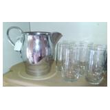 Cavalier Chrome Pitcher & 7 Etched Water Glasses