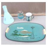 Vtg Aqua Vase, Seattle Tray, Creamer & Mug