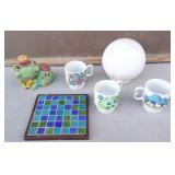 Vtg Kitsch Frog Bank, Mosiac Trivet, 1970