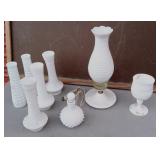 Milk Glass Fenton Perfume, Lamp, Goblet, Vases