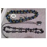 Vtg Blue/ Green Beaded Necklaces, Jade Hoops, Pin