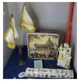 Vtg Flags, Tin, Cards, Key, Victorian Figurine+