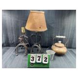 Copper Tea Kettle & (2) Cast-Iron Lamps