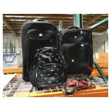 2 suitcases, travel bags, and locking bike chain