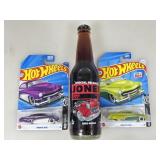 2 Hot wheels die cast cars on card and Jones soda