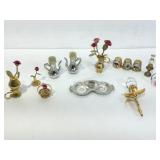 Sparkling rose brooch, brass miniatures, teapot